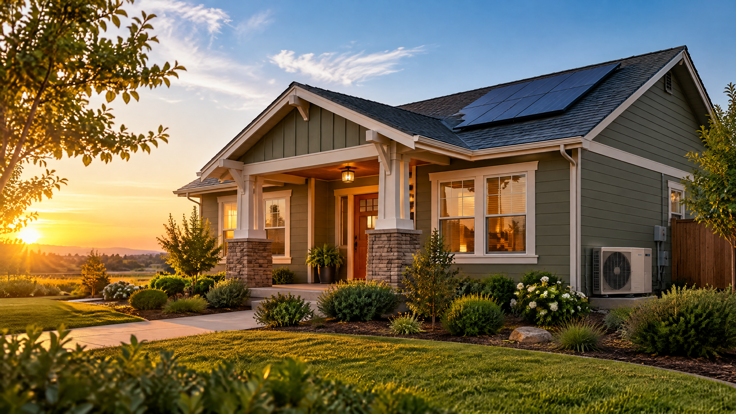 Energy-efficient Central Valley home at golden hour