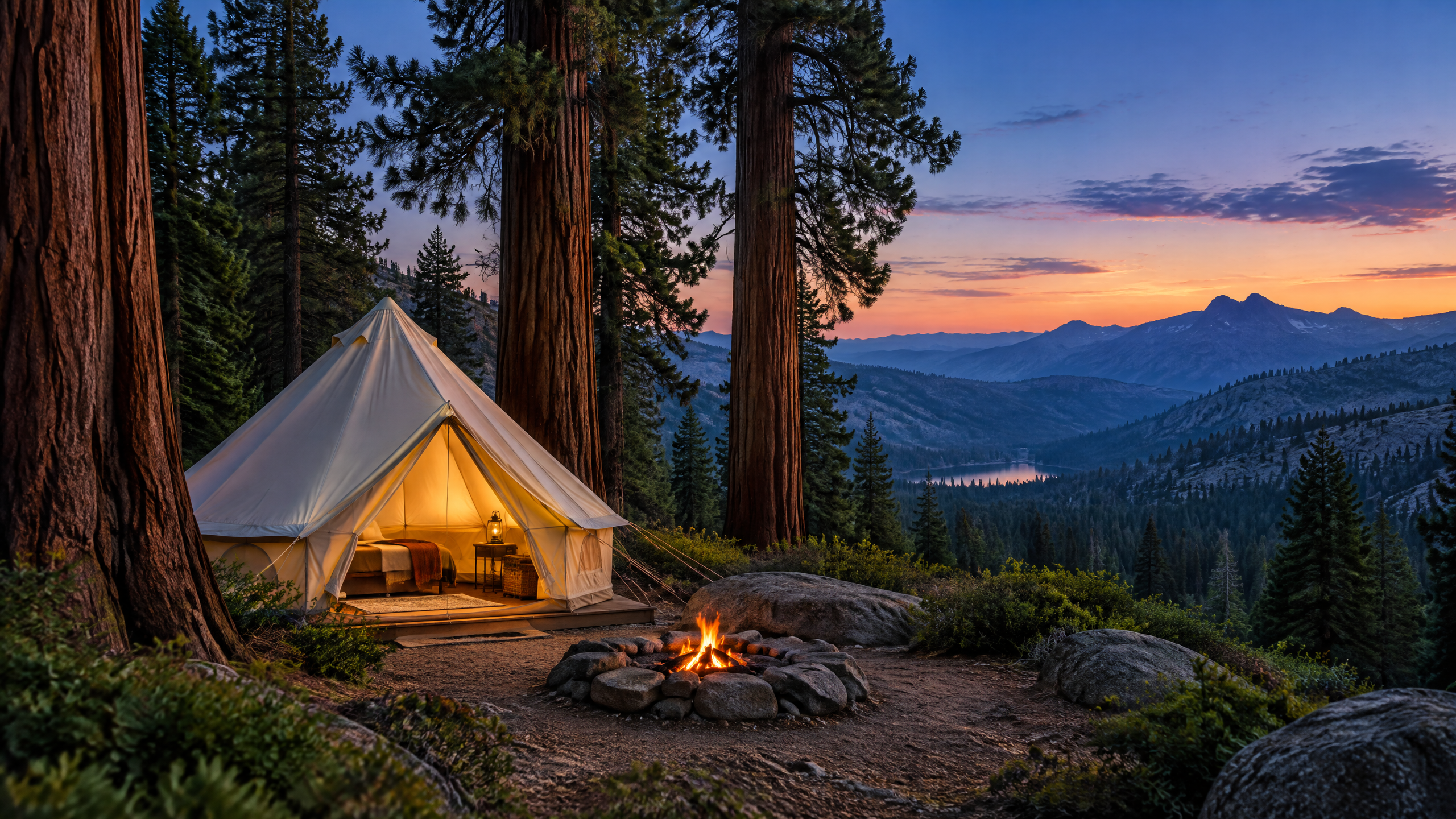 High Sierra glamping retreat among giant sequoia trees at sunset